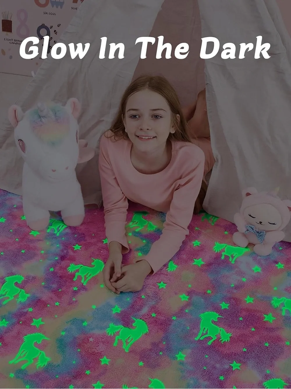 Kids Rainbow Unicorn Glow in the Dark Blanket - Pink Multicolor Throw Blanket